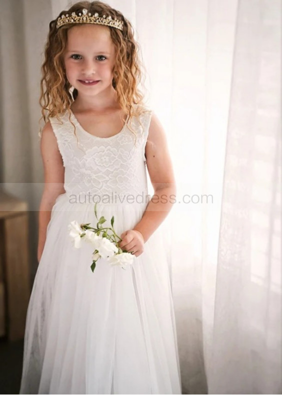 Ivory Eyelash Lace Tulle Sheer Back Flower Girl Dress